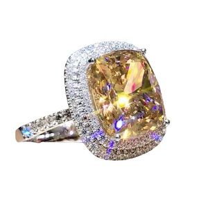 New Large Yellow Zirconia Diamonds Silver Plated Ring Band Gem Jewelry Valentine
